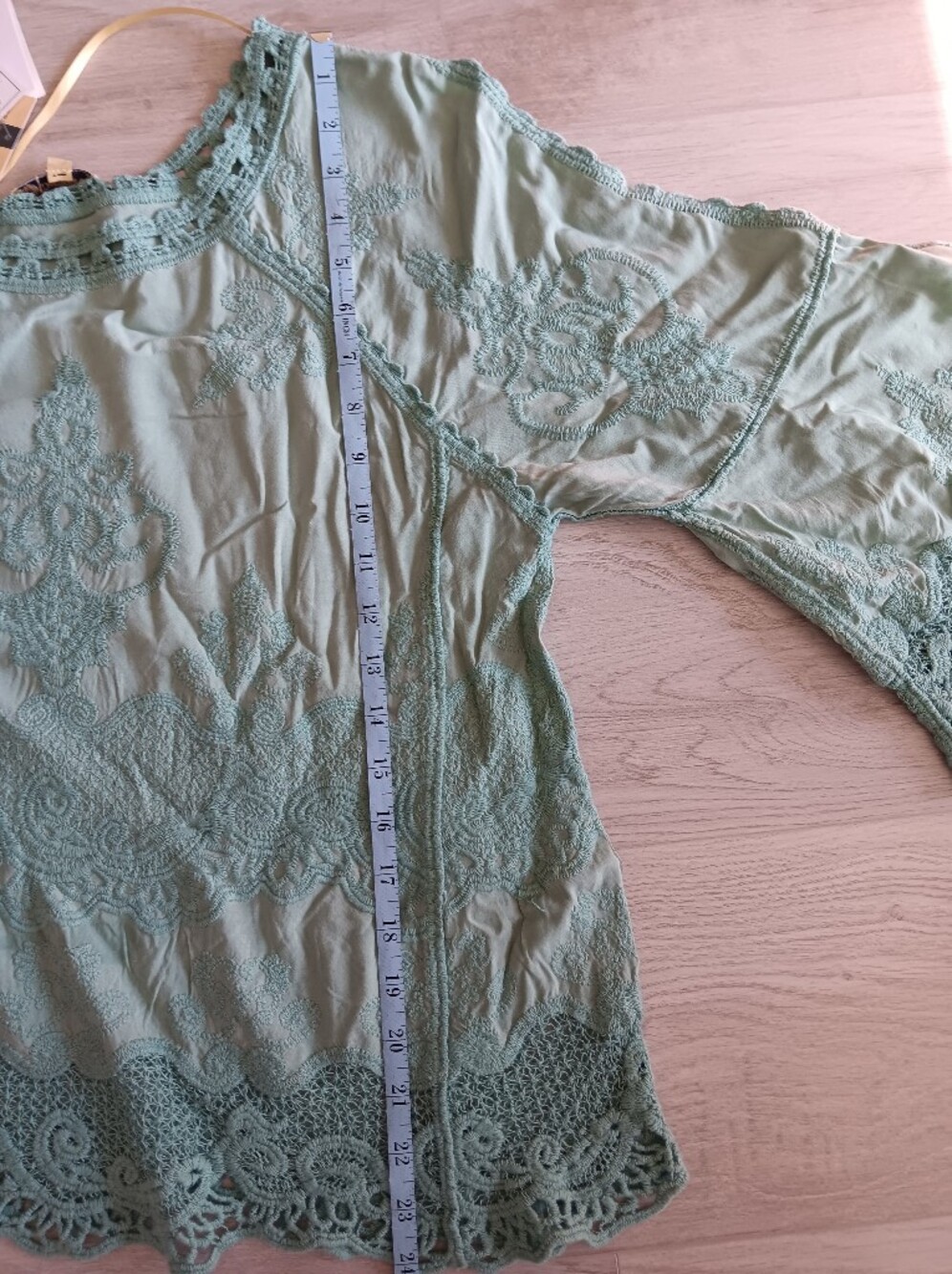 Democracy Boho Lace Embroidered Blouse Long Bell Sleeves Aqua Blue Small - Picture 9 of 14